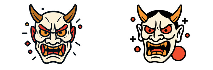 Two Japanese Oni demon masks in a traditional old school tattoo style with angry expressions and horns