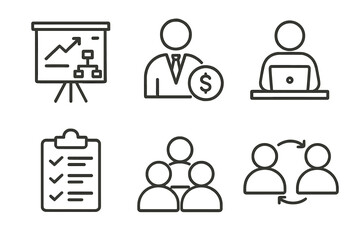 Business icons: growth graph, finance, laptop work, checklist, team, communication
