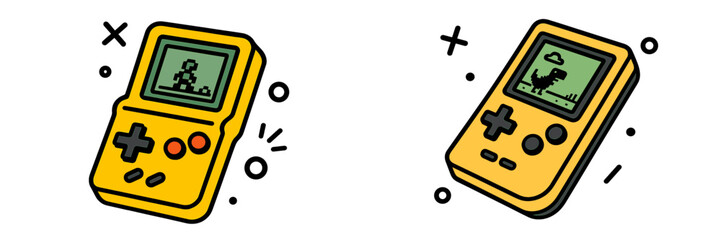 Two yellow retro handheld game consoles with pixel art video games on the screen, vintage portable electronic gaming devices