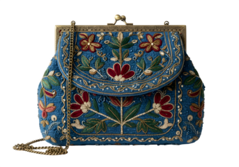 Elegant blue beaded evening bag with floral embroidery, a vintage accessory isolated on transparent background, perfect for special occasions and adding a touch of glamour