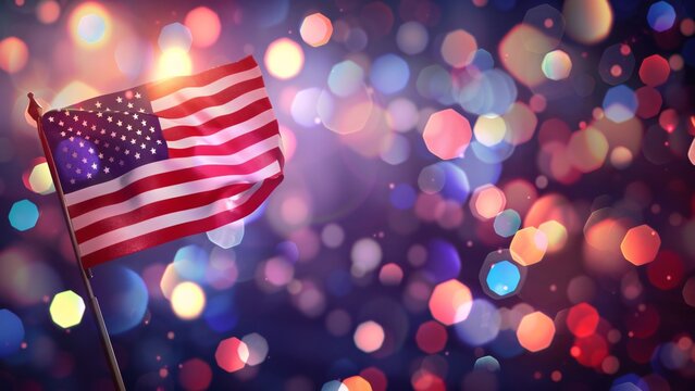 American flag with festive bokeh lights on bright celebratory backdrop