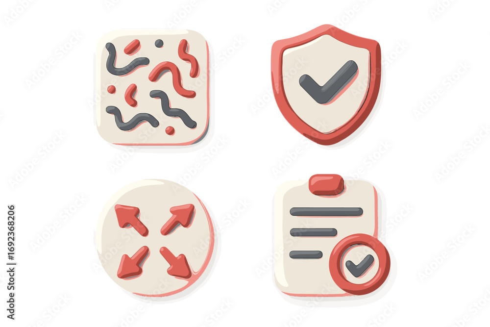 Poster 3d icon set with security shield, expand arrows, approved document, and abstract network symbol for 