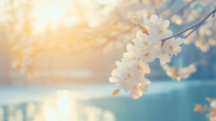 Blossoming cherry tree branches near tranquil water during sunset