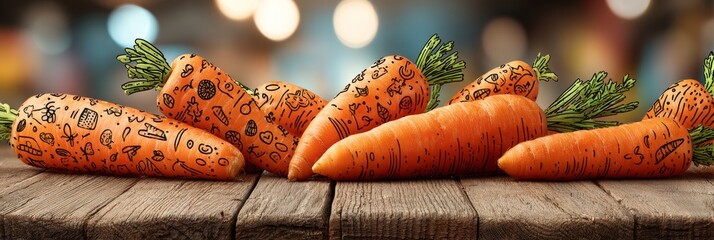 Carrots decorated with black abstract doodles rest on wooden table, blending food art with playful creativity in a vibrant, modern culinary context