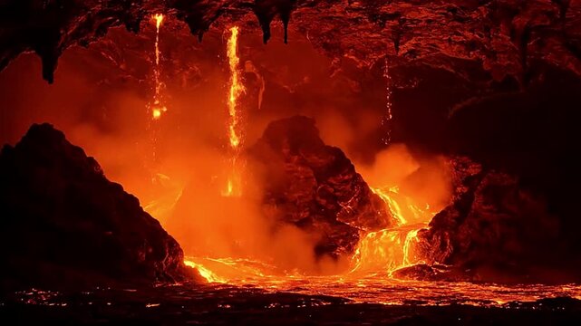 Cave interior with lava flowing around dark rocks illuminated by intense orangered light Dripping molten material hangs from the cavern roof