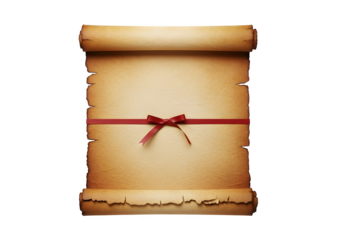 Antique scroll with red ribbon, isolated on transparent background, a timeless symbol of knowledge, history, and tradition, perfect for adding a touch of vintage elegance