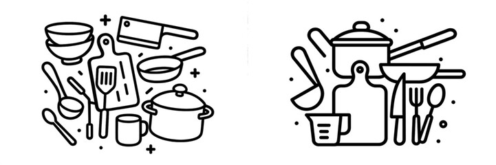 Collection of kitchen utensils and cookware essentials for food preparation and cooking concepts in a bold minimalist style