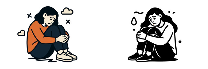 Sad and depressed young woman sitting alone on the floor hugging her knees in despair, concept of mental health issues, anxiety, and loneliness