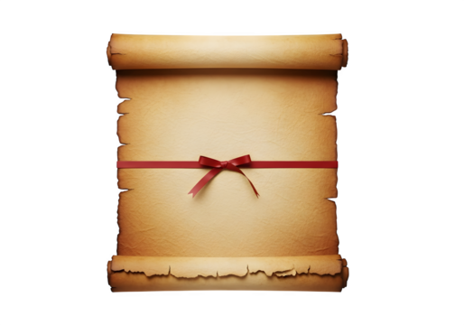 Antique scroll with red ribbon, isolated on transparent background, a timeless symbol of knowledge, history, and tradition, perfect for adding a touch of vintage elegance