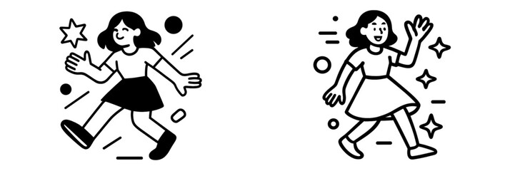 Happy cheerful girl character walking in a doodle line art style, black and white icon set with abstract elements