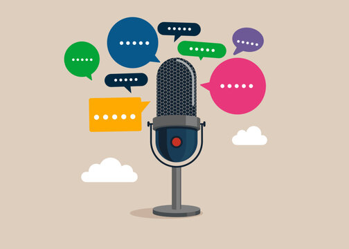Press conference. Talk, meeting and discuss problems. Studio microphone for streaming and gaming. Media interview with speech bubbles. Flat vector illustration