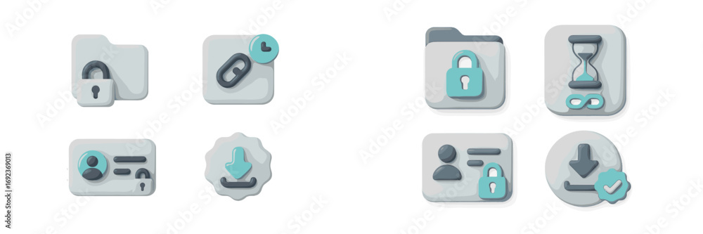 Aufkleber soft ui icon set for data security and privacy concepts featuring symbols like locked folder, user p