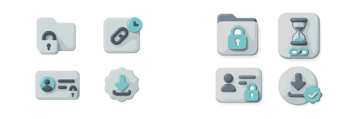 Soft UI icon set for data security and privacy concepts featuring symbols like locked folder, user profile, download, link, and hourglass for modern interface design