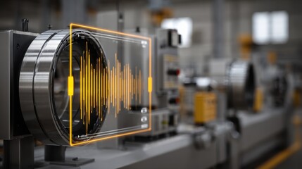 Medium shot of industrial machinery with AI interface glowing highlighting realtime data processing and machine optimization in a blurred factory background