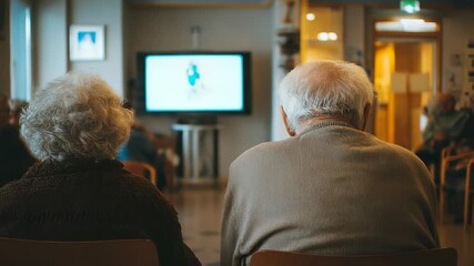 Elderly Couple Watching Television in a Nursing Home, Back View, Senior Citizens Enjoying Entertainment, Assisted Living Facility, Indoor Activity