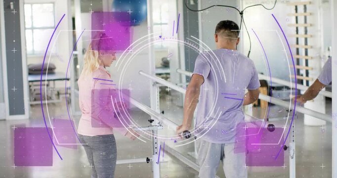 Translucent overlay pulsing, fading, revealing therapist guiding male patient on bars for rehab