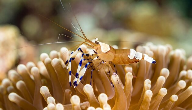 A small shrimp rests on anemone tentacles