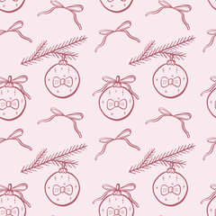 Coquette core Christmas seamless pattern. Hand drawn line pink isolated bow with ribbon and ball. Whimsical print.