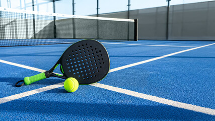 Padel racket and ball on an empty padel court with copy space