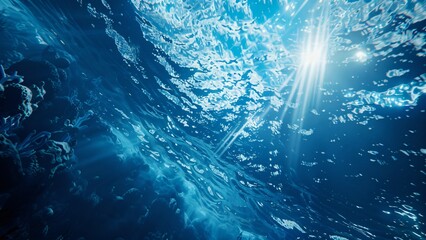Underwater view of ocean surface with sunbeam and shimmering wave