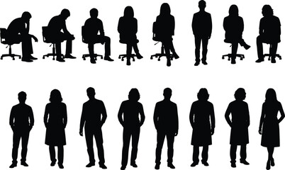 Silhouettes of Men and Women Sitting and Standing on Office Chairs, Business Casual Style Vector Illustration on White Background