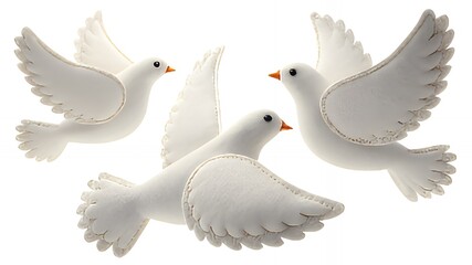 Three white doves flying gracefully against a white background