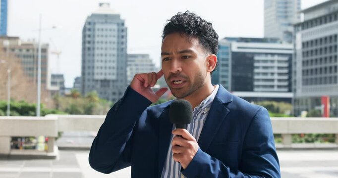 Man, face or anchor listening with mic for broadcast, breaking news or mass media reporter in city. Portrait, male person or presenter with incoming report for global announcement or story in town