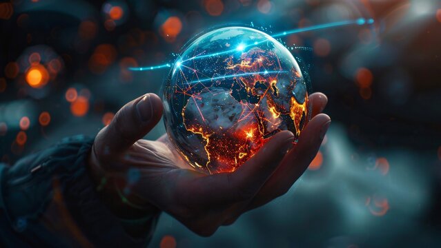 Hand holding holographic globe with data network connection and glow