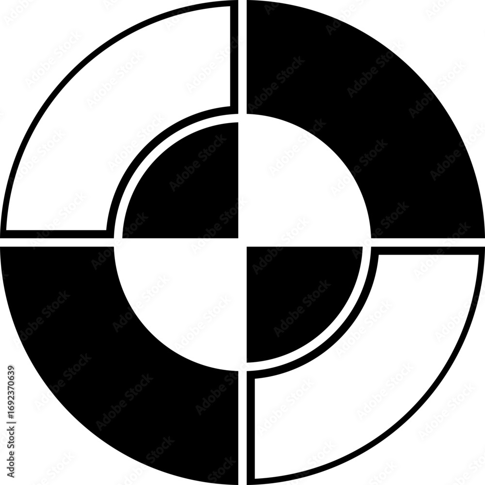 Poster pie chart icon. abstract circular design with alternating black and white quadrants and segmented ou