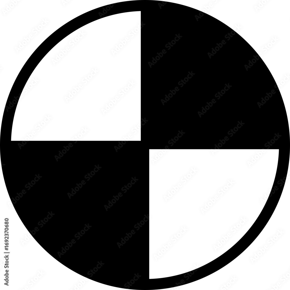 Poster pie chart icon. a black and white circle divided into four quadrants with alternating colors in each