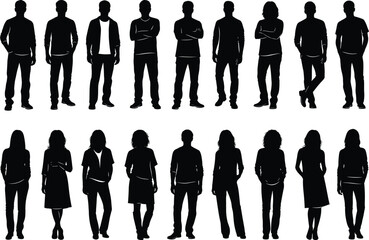 Silhouettes of Men and Women Standing in Casual Poses Vector Illustration Isolated on White Background for Design, Animation, and Projects