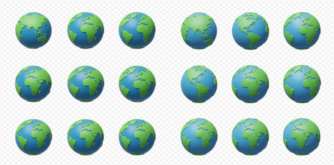 Multiple identical 3D rendered Earth globes depicting continents and oceans arranged on a transparent background.