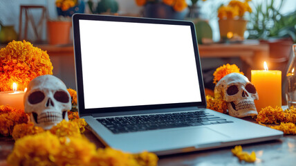 Laptop mockup. A laptop with a white screen stands on a table with skulls, marigolds and burning candles. Day of the Dead is an ancient traditional Mexican holiday. Online shopping
