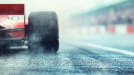 Race car tire on wet track during a rainy motorsport event at the circuit