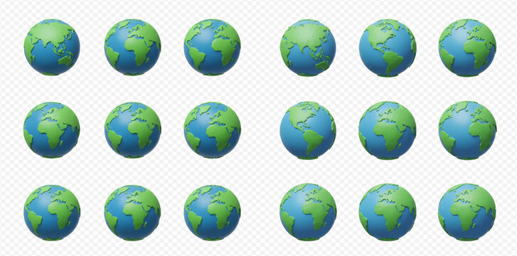 Multiple identical 3D rendered Earth globes depicting continents and oceans arranged on a transparent background.