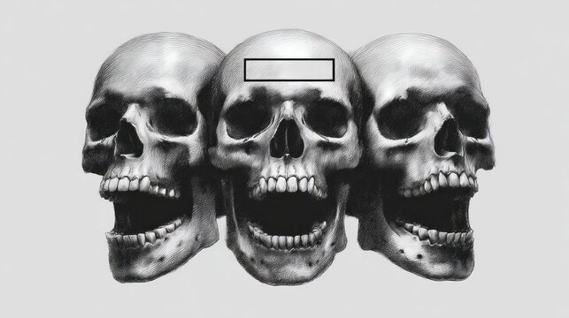 Spooky minimal llustration featuring three skulls with open mouths in a monochrome design