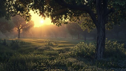 Golden sunrise over misty meadow clearing beneath oak with long light
