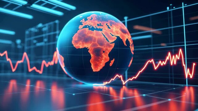 Global stock market financial data visualization with glowing red earth digital charts and economic graph fluctuations - Powered by Adobe