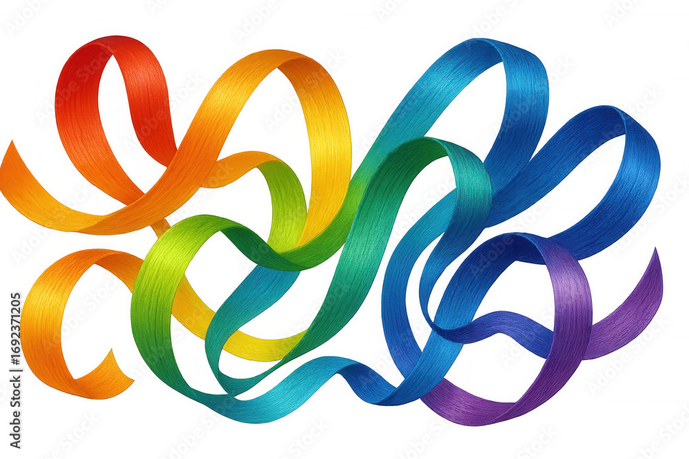 Poster colorful ribbons swirling and intertwining, generating dynamic visual pattern against transparent ba