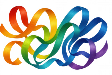 Colorful ribbons swirling and intertwining, generating dynamic visual pattern against transparent backdrop with fluid curved movement