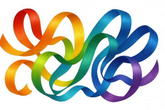 Colorful ribbons swirling and intertwining, generating dynamic visual pattern against transparent backdrop with fluid curved movement