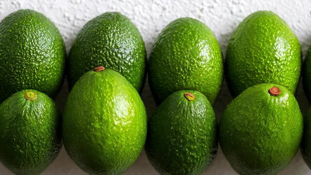 Fresh Green Avocados Arranged in Rows on Textured White Background, Healthy Eating, Vegan Food, Close-Up Detail, High Angle View