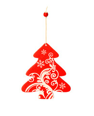 Christmas tree red wooden Christmas decoration with white pattern on white background