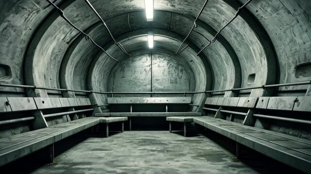 Old underground concrete bunker with curved ceiling metal wires dim fluorescent light and rows of wooden benches