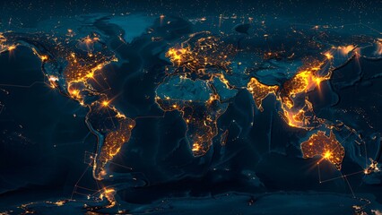 Glowing world map with illuminated routes showing global network at night