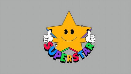 Cartoon superstar star with thumbs up and colorful text