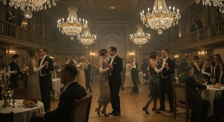 Elegant couples dancing at formal vintage gala under chandeliers