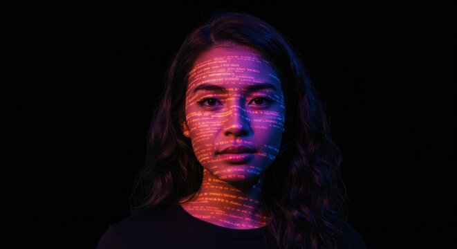 Woman with projected code. Modern digital art portrait on black.