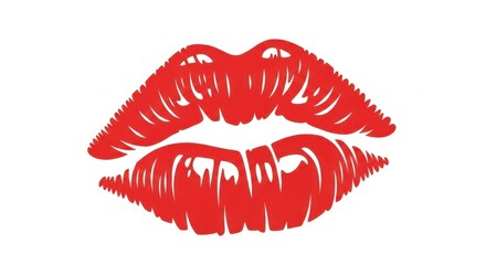 Red Lips Print on White Background Kiss Symbol.