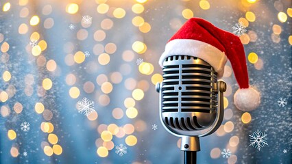 Vintage microphone with santa hat and festive christmas lights